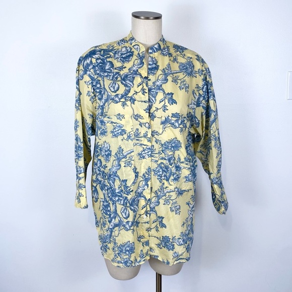 Zara Basic Tunic Blouse Button Down Blue Yellow Flower Print Sz Small 3/4 Sleeve - Picture 1 of 10